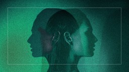 A woman's head silhouetted against a green background.