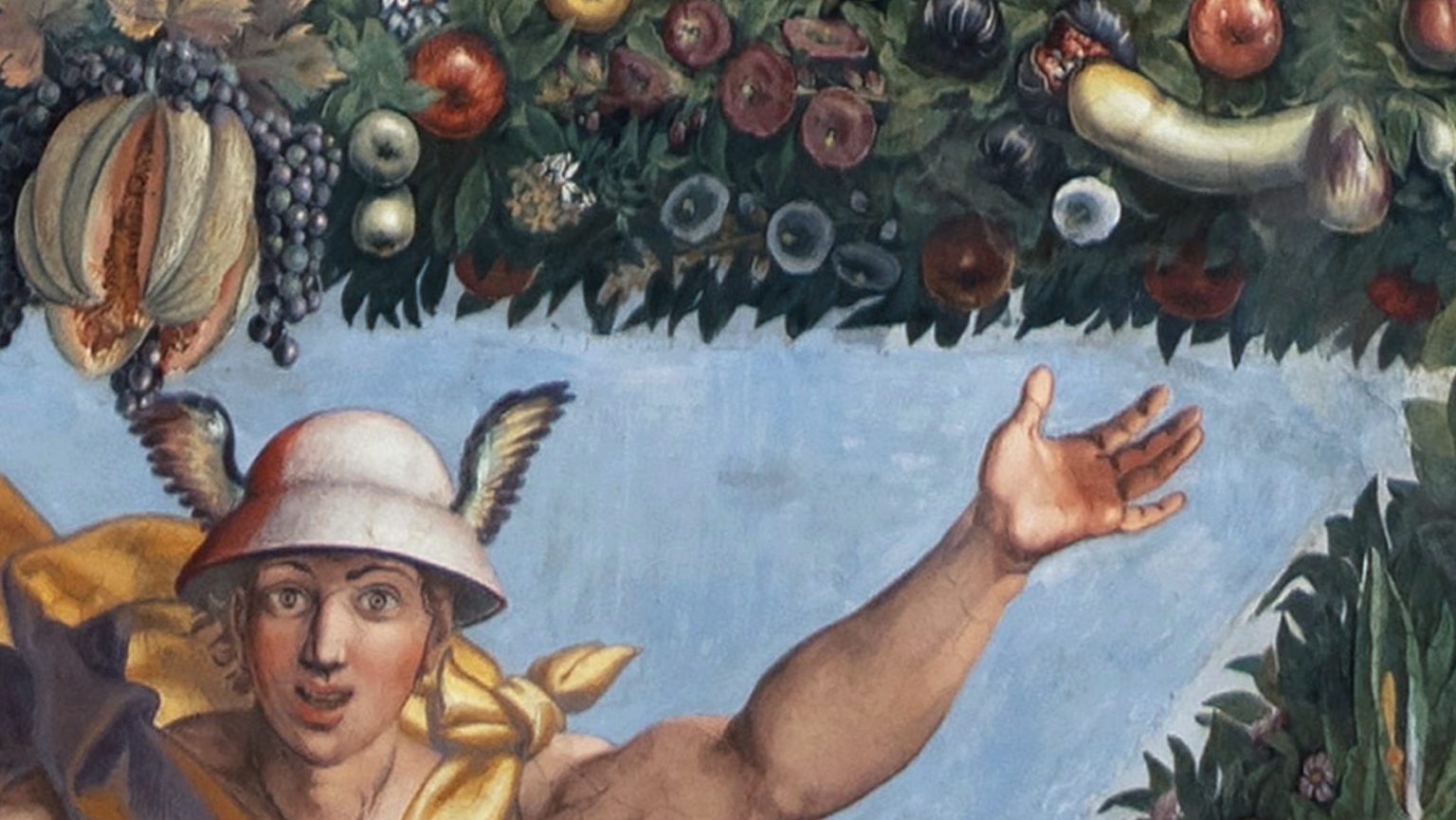 A painting of a man with a hat and fruit.