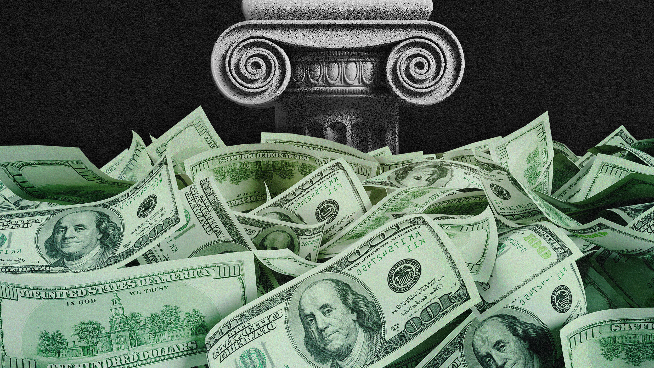 A pile of money in front of a democracy column.